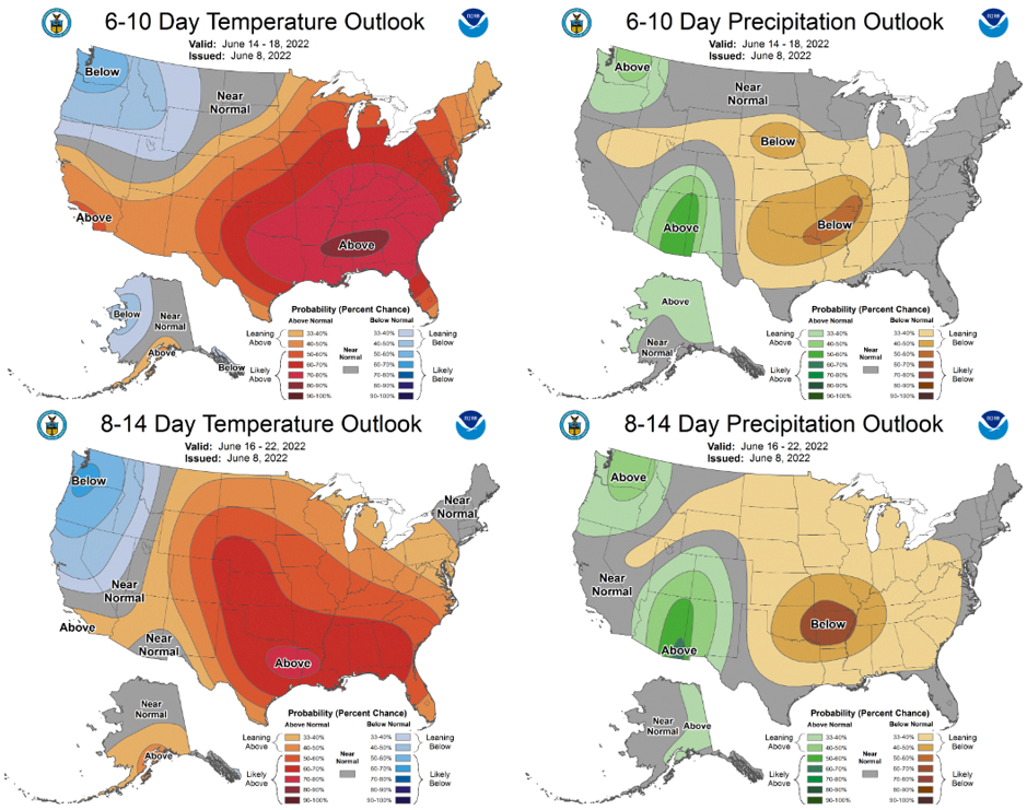 The 6-10 day (June 14-18, top) and 8-14 day (June 16-22, bottom) outlooks for temperature (left) and precipitation (right).